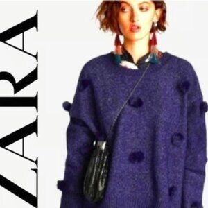 Zara Blue Pom-Pom Chunky Knit Oversized Sweater Blogger Favorite Large Alpaca